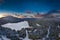 Mt hood and Frozen Trillium lake with winter moonrise at sunset hour