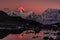 Mt Makalu sunset with lake mirror Himalaya