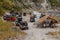 MT PINATUBO, PHILIPPINES - JAN 30, 2018: Tourist vehicles on a lahar mudflow remnant at Pinatubo volcan