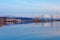 Mt.Ranier and Tacoma port with cranes and bridge.