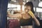 Muay Thai woman and Healthy concept. Boxing Women prepare to train session and kickboxing, workout at thai boxing gym. Fit Female