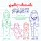 Mubarak greeting card with cartoon illustration, family of moslem character on paper background, arabic calligraphy means May