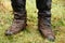 Muddy hiking boots and waterproof gaiters, UK