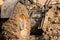 Muddy wheels of an excavator bulldozer truck working on a construction site