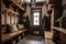 Mudroom with built-in wooden benches, hooks for coats, and storage cubbies, Rustic style interior, Interior Design Generative AI