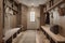 Mudroom with built-in wooden benches, hooks for coats, and storage cubbies, Rustic style interior, Interior Design Generative AI
