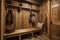 Mudroom with built-in wooden benches, hooks for coats, and storage cubbies, Rustic style interior, Interior Design. Generative AI