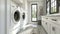 a mudroom with a head-on shot featuring side-by-side white washer and dryer units, exuding modern functionality and