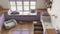 Mudroom, scandinavian laundry room, wooden and purple space devoted to pet with window and sofa, dog bed, dog bath shower with