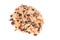 Muesli with dried fruits close up from above isolated on a white background