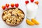 Muesli milk fruit on the table