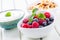 Muesli yoghurt and berries. Healthy breakfast with yogurt granola and fresh fruit