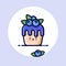 Muffin with blueberries syrup, and whole blueberries. Yummy dessert Icon. Cute kawaii illustration.