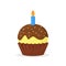 Muffin with chocolate froasting and candle. Sweet food, holiday or birth day cupcake flat vector icon