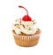 Muffin with cream and maraschino cherry, decorated with colorful