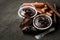 Muffin dark chocolate lava with chocolate chip in foil tray brea