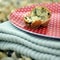 Muffin on folded picnic blanket. Conceptual image