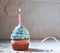 Muffin or a small cake with a burning candle. concept of congratulation, holiday.