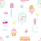 Muffins, pieces of raspberry cream cake seamless pattern on white background. Cartoon childrens style illustration for textiles,