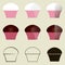 Muffins. Pink and white, pink and brown, black outlines and contours of muffins on the light gray background