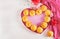 Muffins with pumpkin. Cupcakes with Valentine`s Day decor.