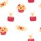 Muffins seamless pattern. Romantic background with cakes, candles and envelopes.