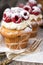 Muffins with soft cream and fresh raspberry powdered with sugar, close up, rustic background