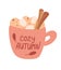 Mug with autumn drink with marshmallow and cinnamon. Hot drink. Autumn and winter holidays. Coffee, cocoa, cappuccino, and