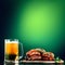 Mug of beer with grilled sausages on green background. Oktoberfest drink and food