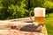 Mug with beer on a pile of logs near the forest. Beer in a glass. Cold refreshment in the countryside