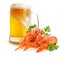 Mug with beer and red lobsters isolated on a white background