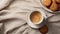 a mug of cappuccino and beige cookies neatly arranged on a saucer, the composition on a tablecloth in either gray, white