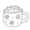 Mug of cappuccino decorated with snowflakes doodle