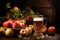 a mug of cider beside a pile of fresh, ripe apples