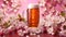 Mug of craft cherry beer or on a light pink background with cherry blossom branches, promotional illustration. Red cherry ale or