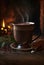 Mug of hot chocolate cinnamon is on table in front of the burning fireplace. Christmas mood, home comfort. 3d illustration