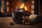 Mug of hot chocolate cinnamon is on table in front of the burning fireplace. Christmas mood, home comfort. 3d illustration