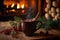 Mug of hot chocolate cinnamon is on table in front of the burning fireplace. Christmas mood, home comfort. 3d illustration