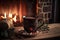 Mug of hot chocolate cinnamon is on table in front of the burning fireplace. Christmas mood, home comfort. 3d illustration