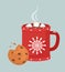 Mug with hot chocolate, marshmallows and traditional chocolate chip cookies. Vector illustration.