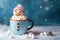 Mug with hot chocolate and melted marshmallow snowman. AI generated