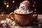 Mug with hot chocolate and melted marshmallow snowman. AI generated