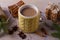 Mug of hot cocoa, good image to convey a feeling of winter and warmth. Winter drink - hot chocolate with cinnamon and anise on woo