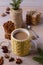 Mug of hot cocoa, good image to convey a feeling of winter and warmth. Winter drink - hot chocolate with cinnamon and anise on woo