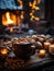 A mug of hot cocoa with marshmallows and spices is on a wooden table with candles.