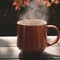 Mug of hot drink steams in sunlight on wooden table during Fall season. AI Image