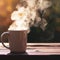 Mug of hot drink steams in sunlight on wooden table during Fall season. AI Image