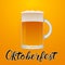 Mug or lager beer and lettering Oktoberfest orange background. Traditional German beer festival vector illustration. Calligraphy