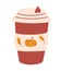 Mug of pumpkin coffee. Tasty pumpkin spice latte. Delicious seasonal hot drink. Paper cup of coffee to go. Autumn mood. Vector