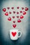 Mug and red hearts arrow . Romantic Love symbols , Valentines day or Birthday concept